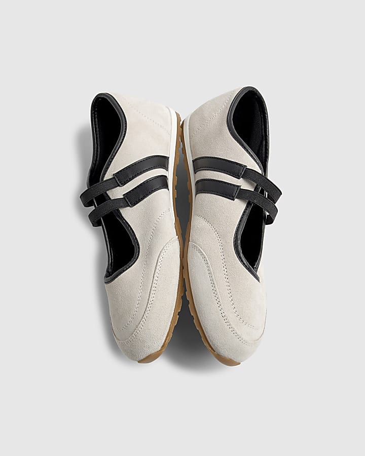 river island White Suede Double Strap Flat Shoes