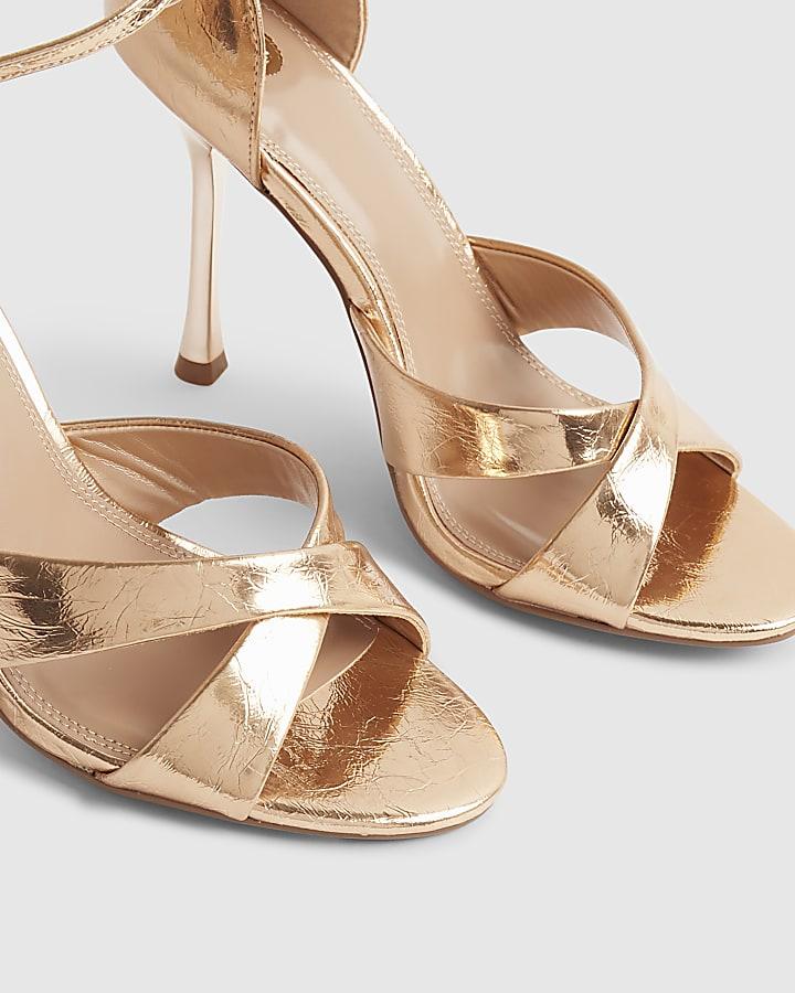 river island Rose Gold Cross Over Strap Heeled Sandals