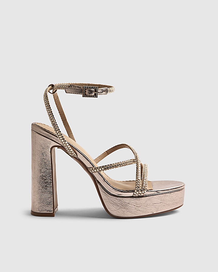 River Island Rose Gold Diamante Platform Heeled Sandals