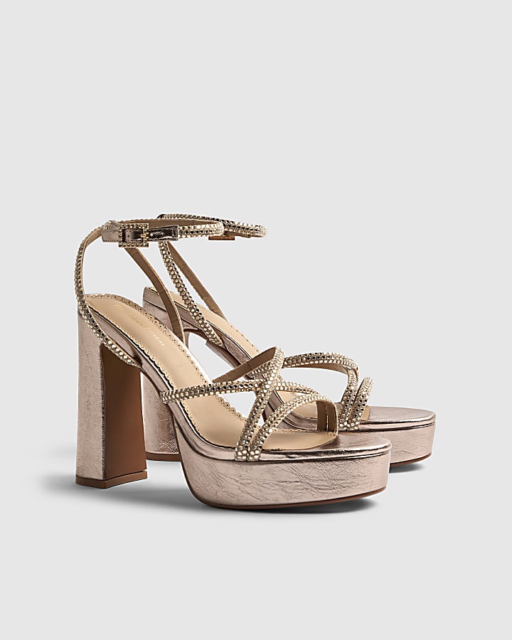 River Island Rose Gold Diamante Platform Heeled Sandals