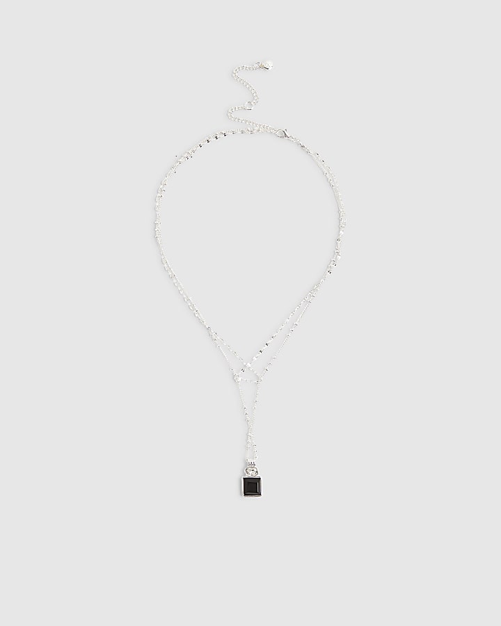 River Island Silver Black Stone Pendant Layered Necklace