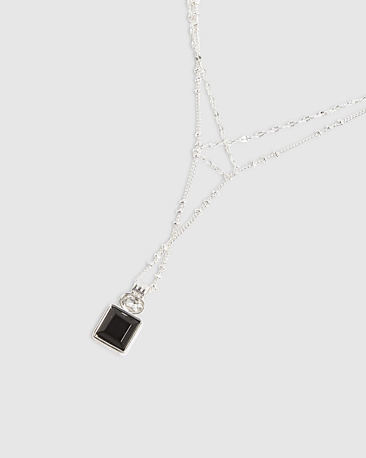 river island Silver Black Stone Pendant Layered Necklace