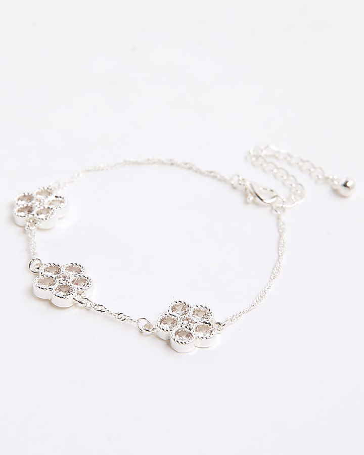 River Island Silver Crystal Cubic Zirconia Floral Bracelet