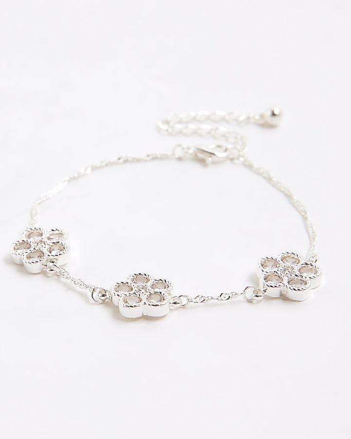 river island Silver Crystal Cubic Zirconia Floral Bracelet