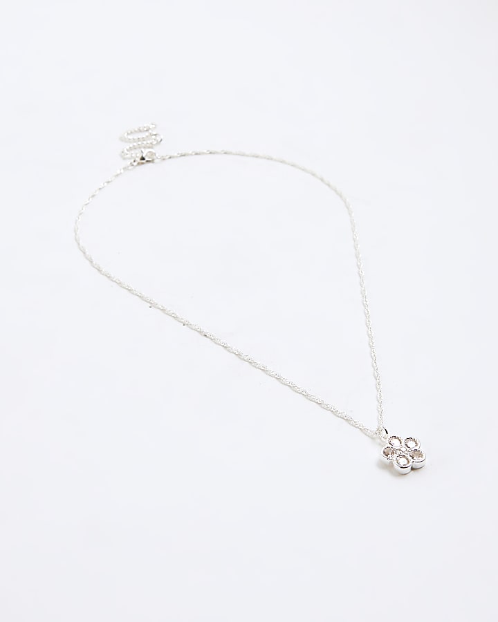 River Island Silver Crystal Cubic Zirconia Floral Necklace