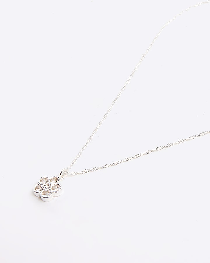 river island Silver Crystal Cubic Zirconia Floral Necklace