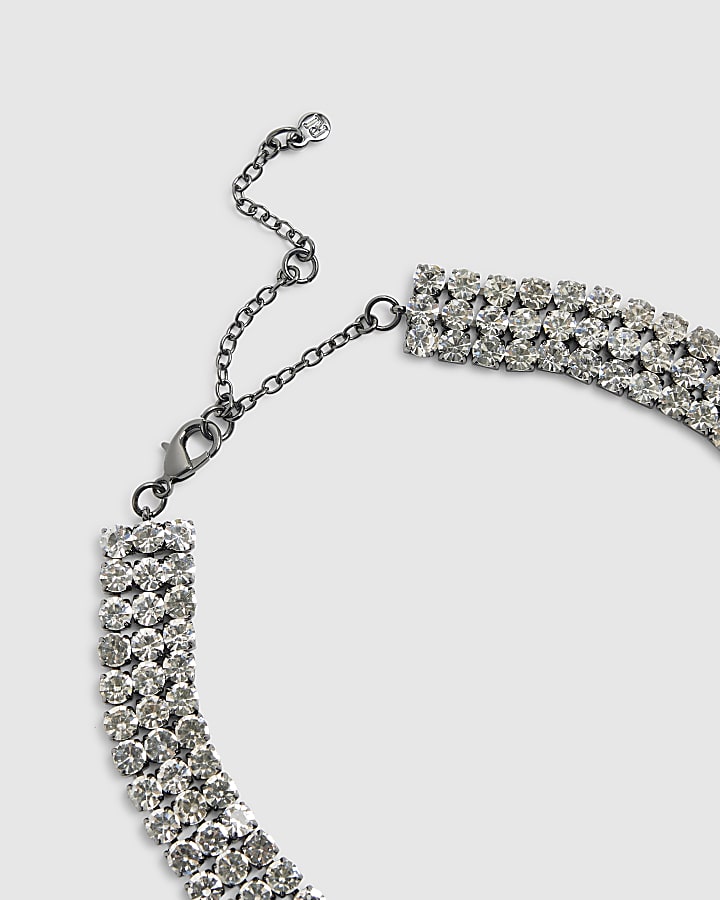 River Island Silver Diamante Collar Tassel Drop Necklace