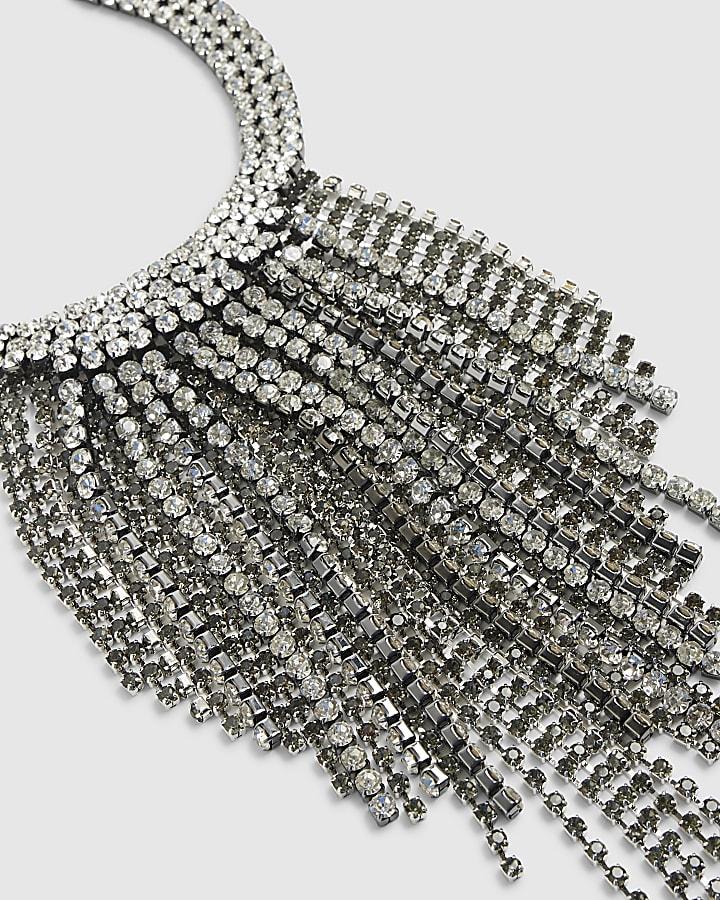 river island Silver Diamante Collar Tassel Drop Necklace