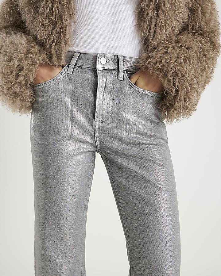 River Island Silver Foil Coated Stretch Straight Leg Jeans