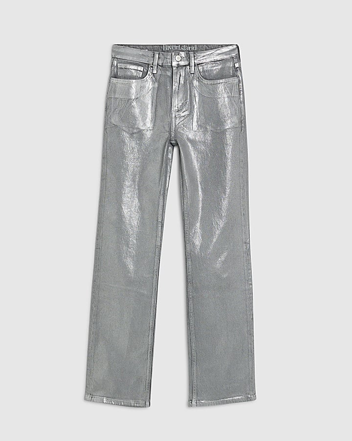 river island Silver Foil Coated Stretch Straight Leg Jeans