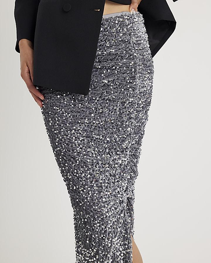 River Island Silver Ruched Side Velvet Sequin Midi Skirt