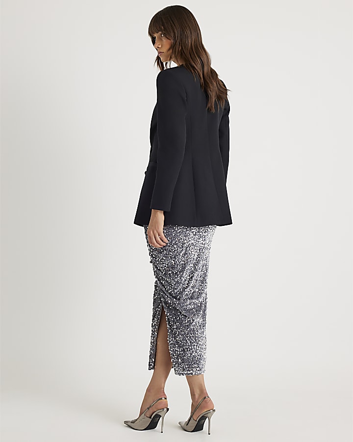 river island Silver Ruched Side Velvet Sequin Midi Skirt