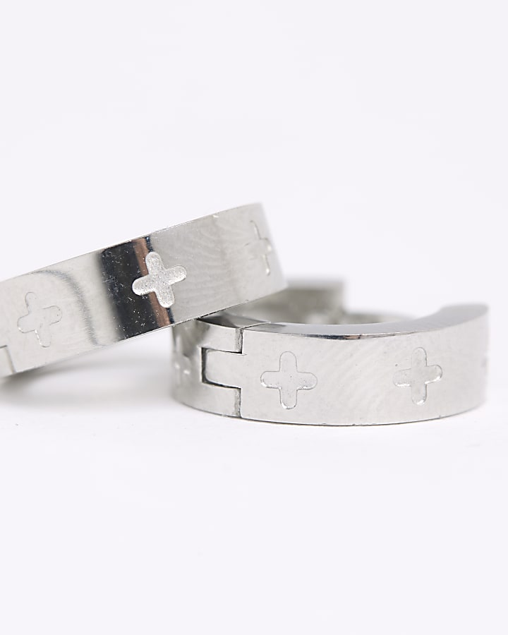 River Island Silver Stainless Steel Cross Hoop Earrings