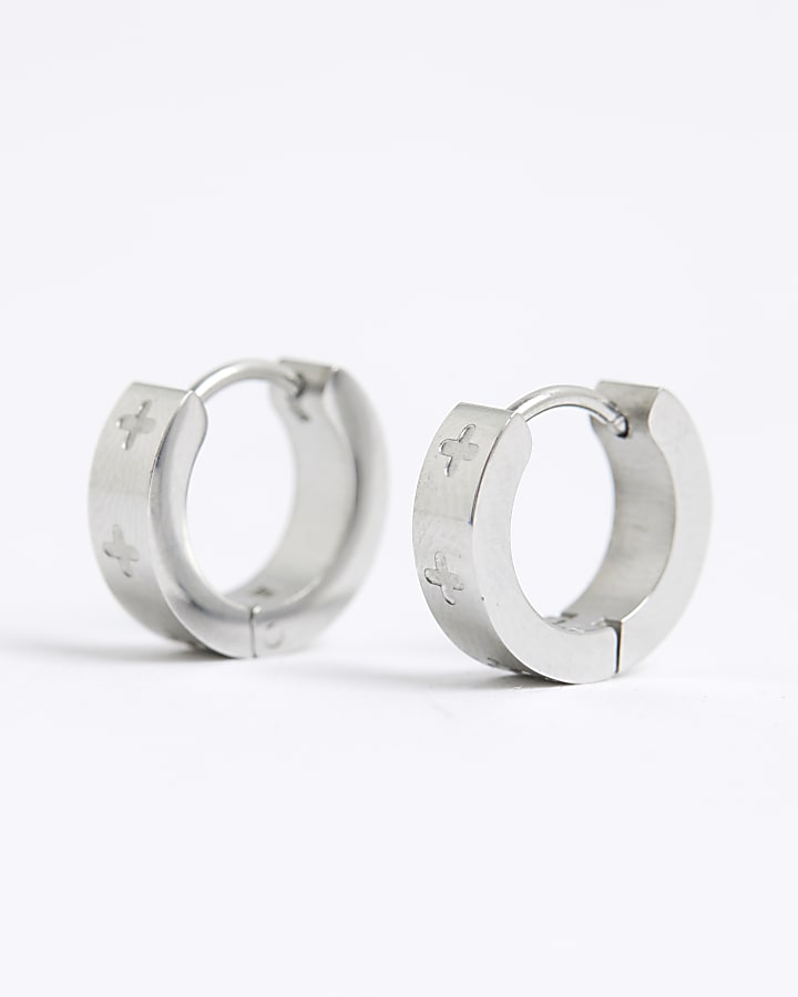 river island Silver Stainless Steel Cross Hoop Earrings