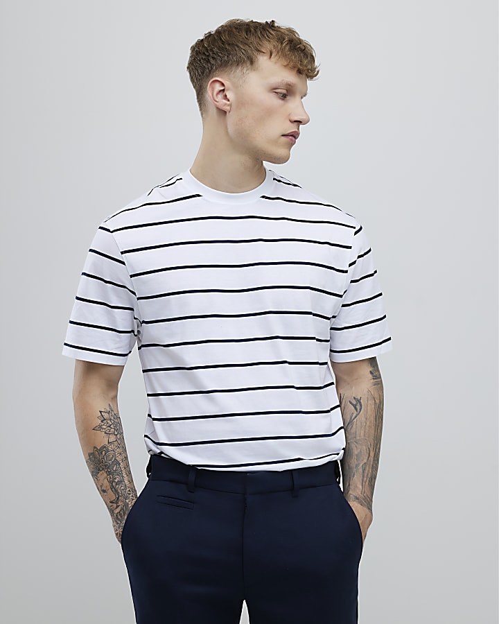 River Island White 3 Pack Regular Fit Stripe T-Shirt