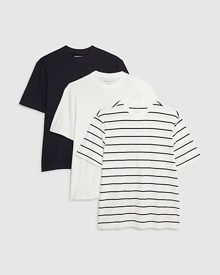 river island White 3 Pack Regular Fit Stripe T-Shirt