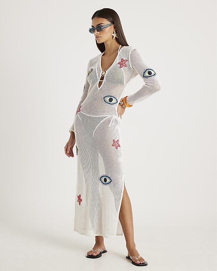 River Island White Embroidered Knit Maxi Beach Dress