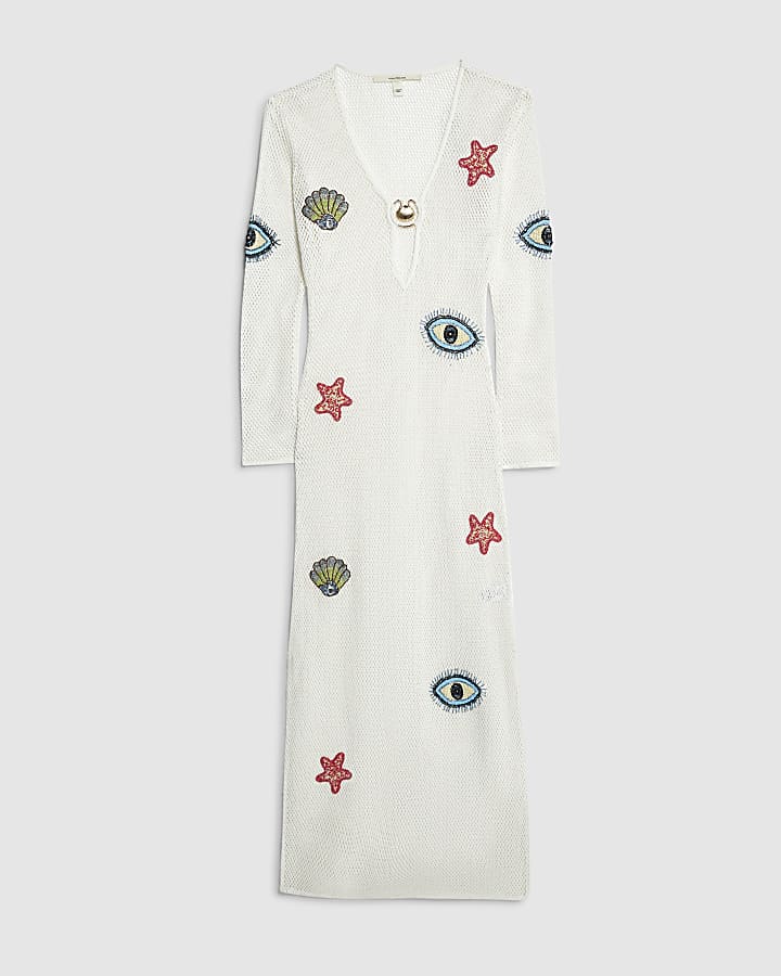 river island White Embroidered Knit Maxi Beach Dress