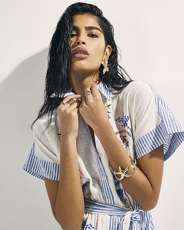 River Island White Embroidered Patchwork Stripe Playsuit