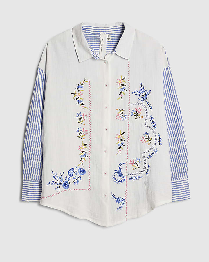 river island White Embroidered Patchwork Stripe Shirt