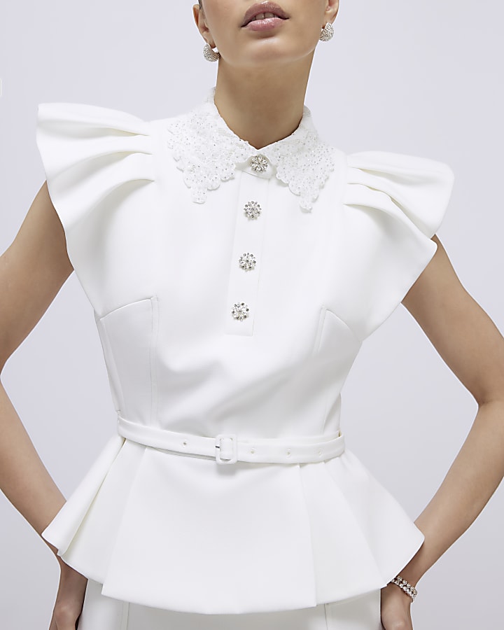 River Island White Frill Sleeve Diamante Peplum Top