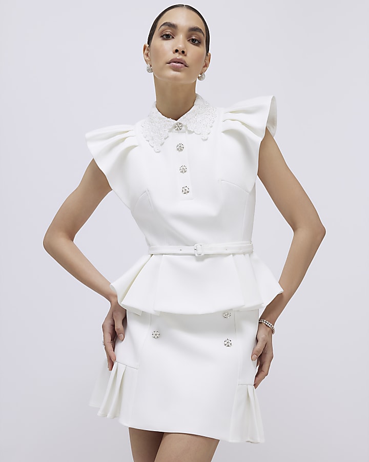 River Island White Frill Sleeve Diamante Peplum Top