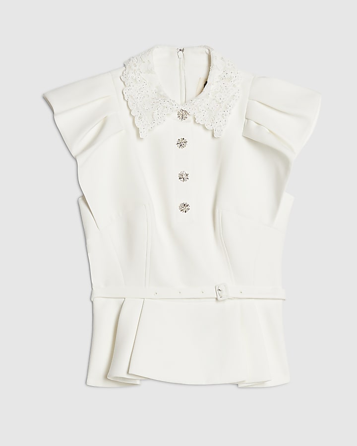 river island White Frill Sleeve Diamante Peplum Top