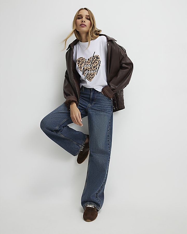 River Island White Leopard Heart Feel Good Foil T-Shirt