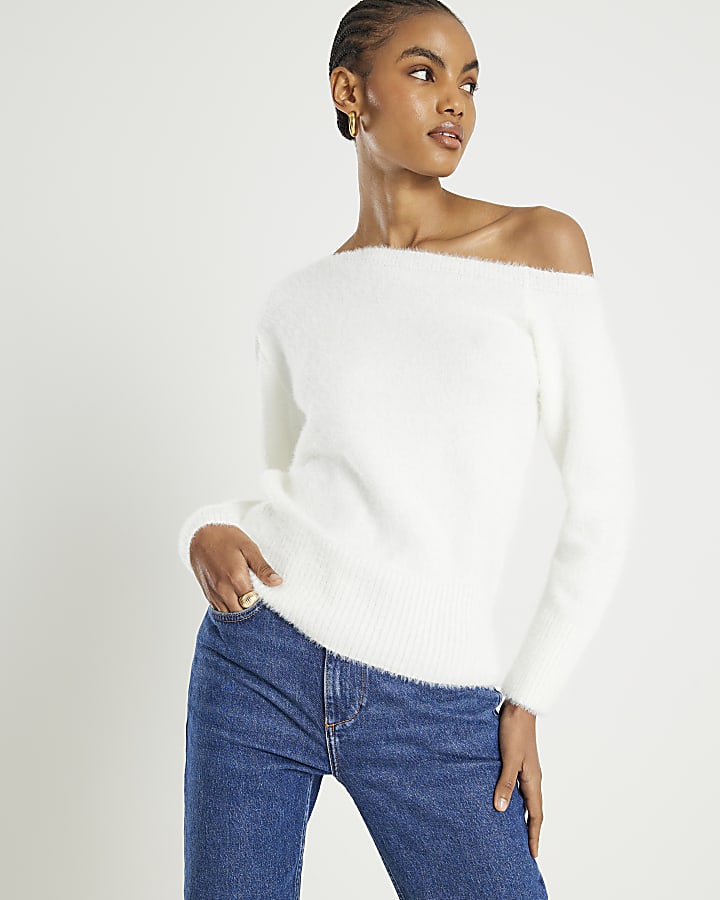 River Island White Long Sleeve Asymmetric Fluffy Top