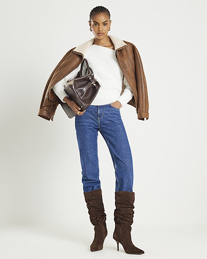 River Island White Long Sleeve Asymmetric Fluffy Top
