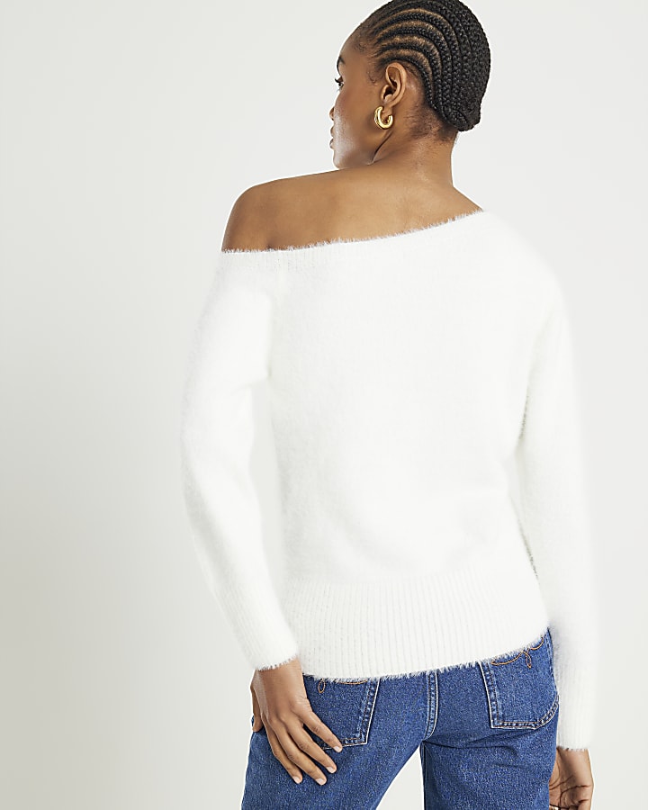 River Island White Long Sleeve Asymmetric Fluffy Top
