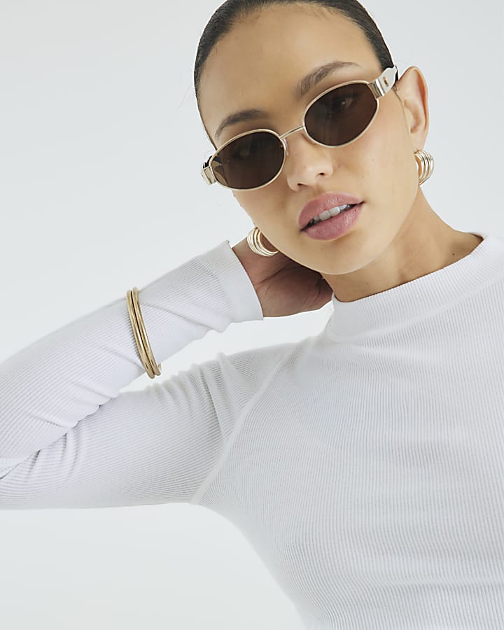 River Island White Long Sleeve Ribbed Crew Neck Top