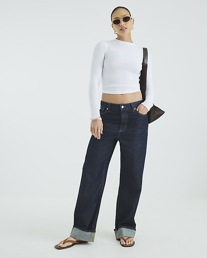 River Island White Long Sleeve Ribbed Crew Neck Top