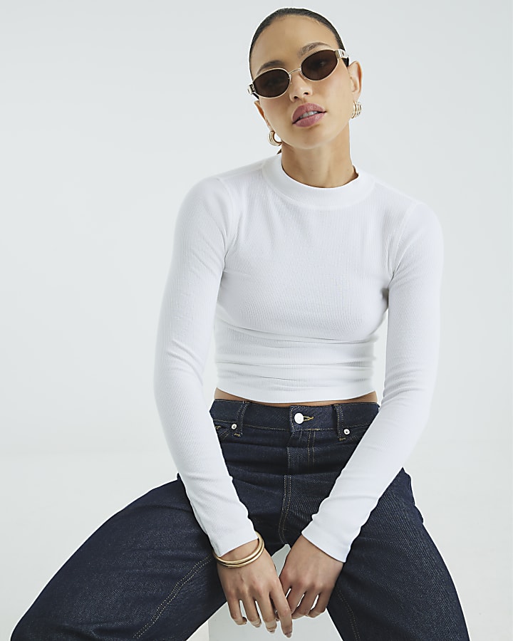 River Island White Long Sleeve Ribbed Crew Neck Top