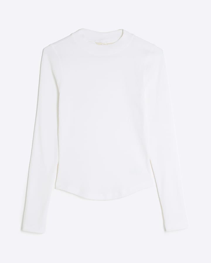 river island White Long Sleeve Ribbed Crew Neck Top