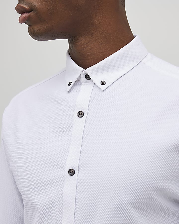 River Island White Long Sleeve Textured Muscle Fit Shirt