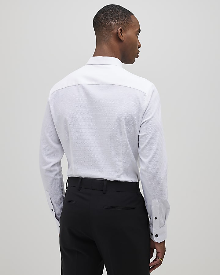 River Island White Long Sleeve Textured Muscle Fit Shirt