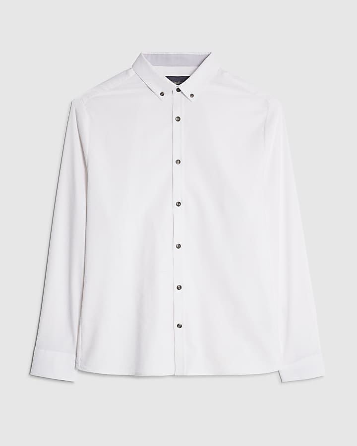 river island White Long Sleeve Textured Muscle Fit Shirt