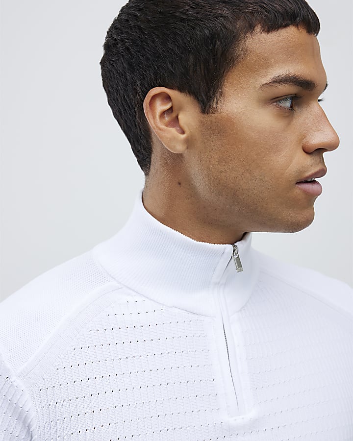 River Island White Muscle Fit Brick Knitted Funnel Jumper