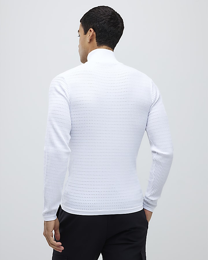 River Island White Muscle Fit Brick Knitted Funnel Jumper