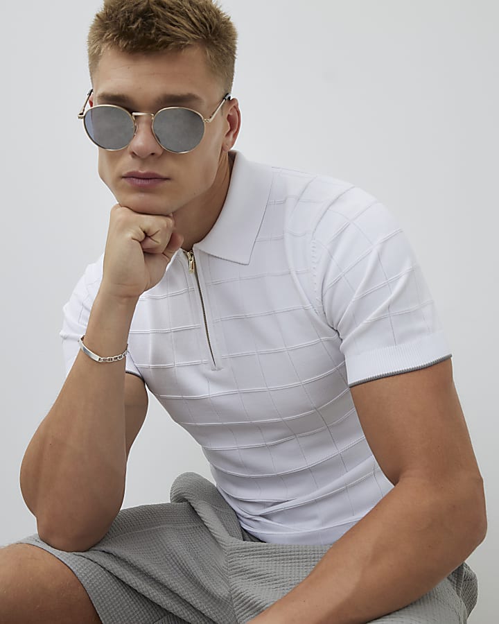 River Island White Muscle Fit Grid Textured Polo Shirt