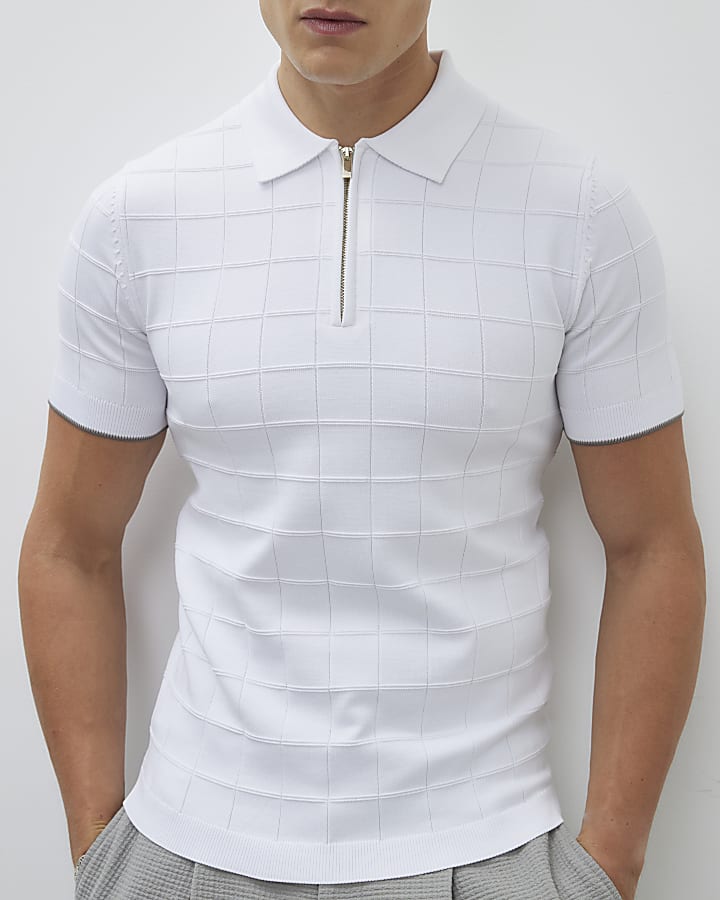 River Island White Muscle Fit Grid Textured Polo Shirt