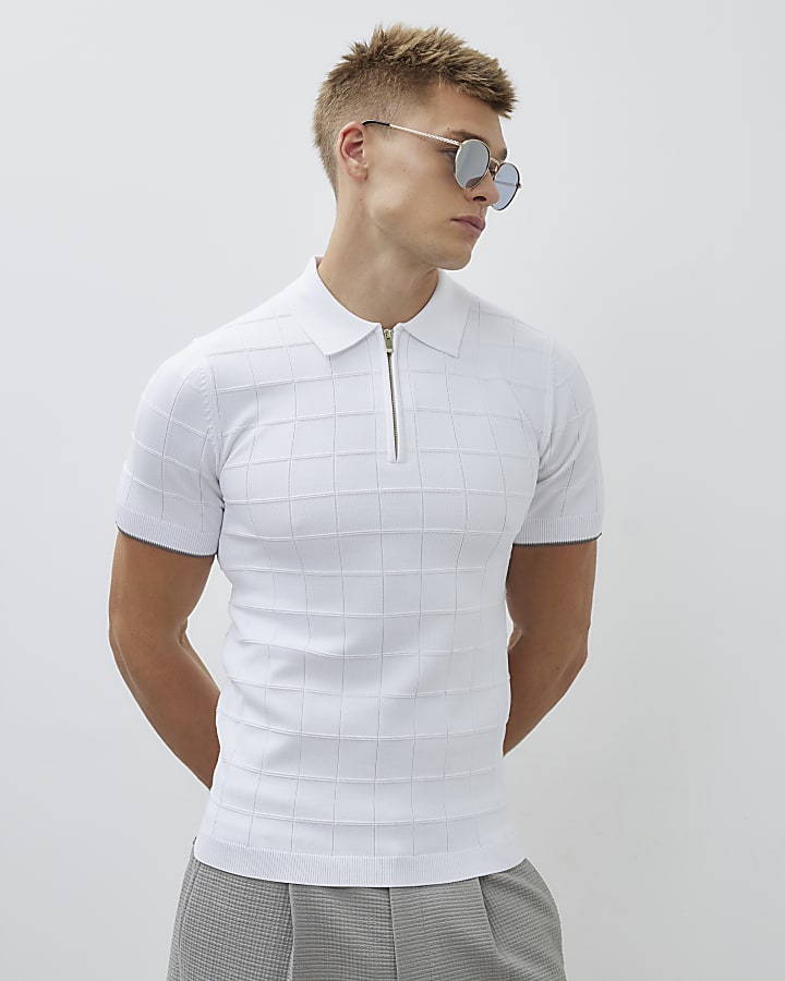 River Island White Muscle Fit Grid Textured Polo Shirt