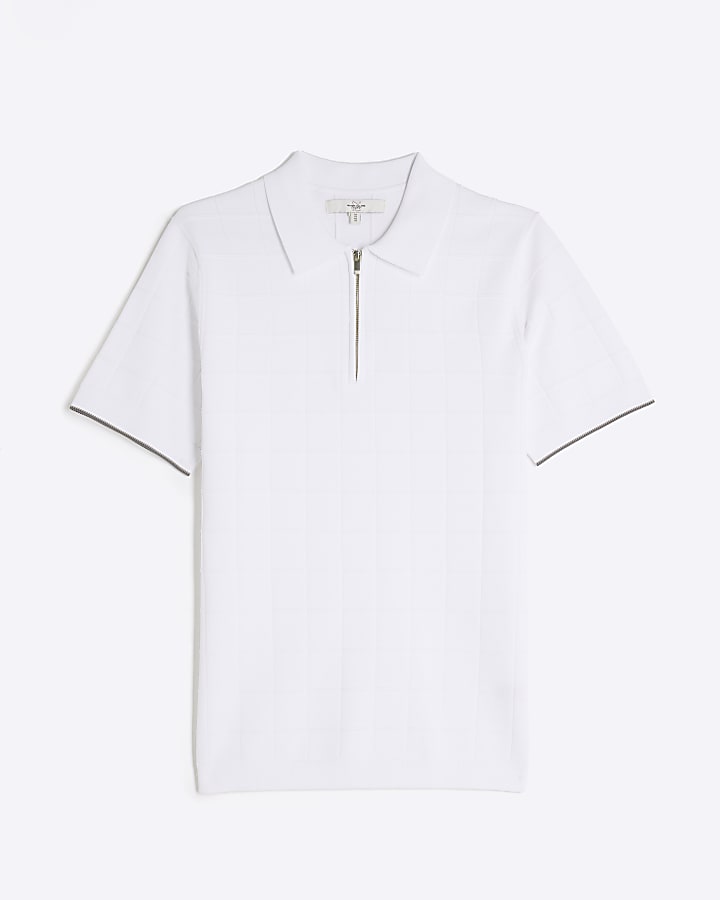 river island White Muscle Fit Grid Textured Polo Shirt
