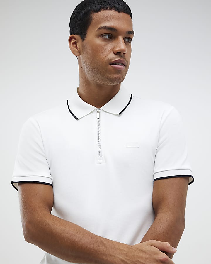 River Island White Muscle Fit Les Amis Stripe Polo Shirt