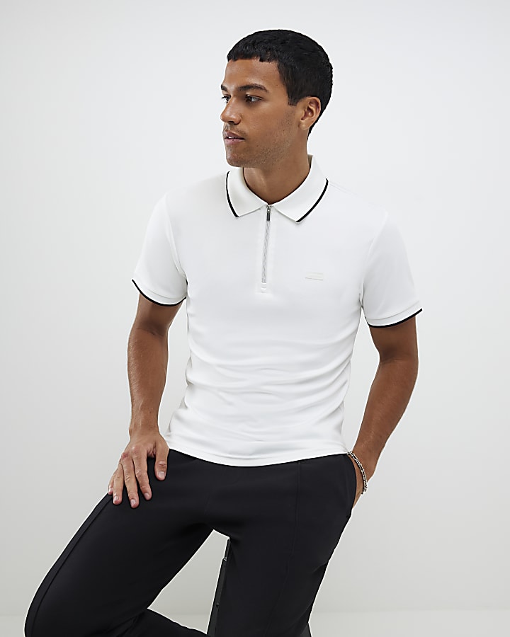 River Island White Muscle Fit Les Amis Stripe Polo Shirt