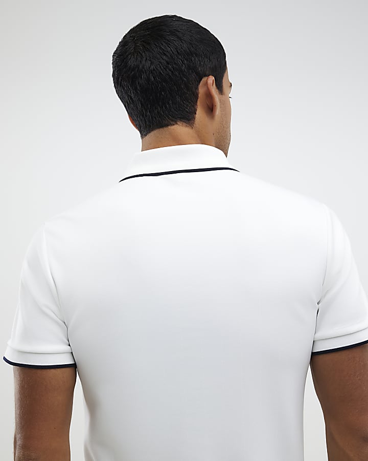 River Island White Muscle Fit Les Amis Stripe Polo Shirt