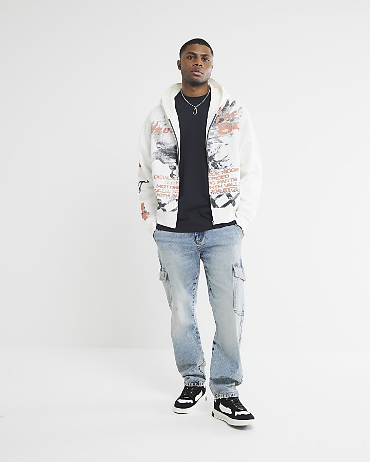 River Island White Oversized Eagle Print Zip Hoodie