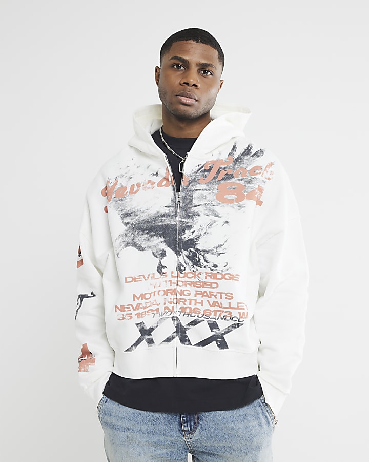River Island White Oversized Eagle Print Zip Hoodie