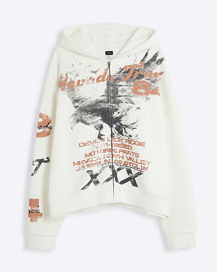 river island White Oversized Eagle Print Zip Hoodie